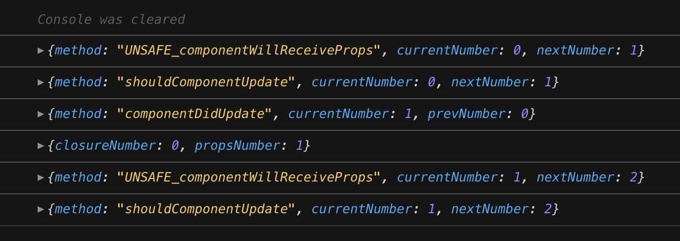 Lifecycle flow with changes of the number property captured in console logs after migration to componentDidUpdate and with changes in the shouldComponentUpdate