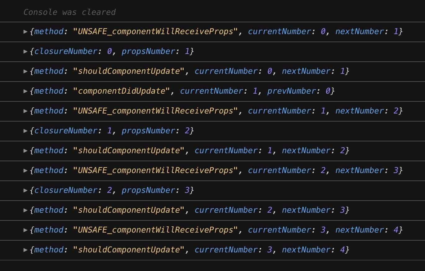 Lifecycle flow with changes of the number property captured in console logs after changes in the shouldComponentUpdate