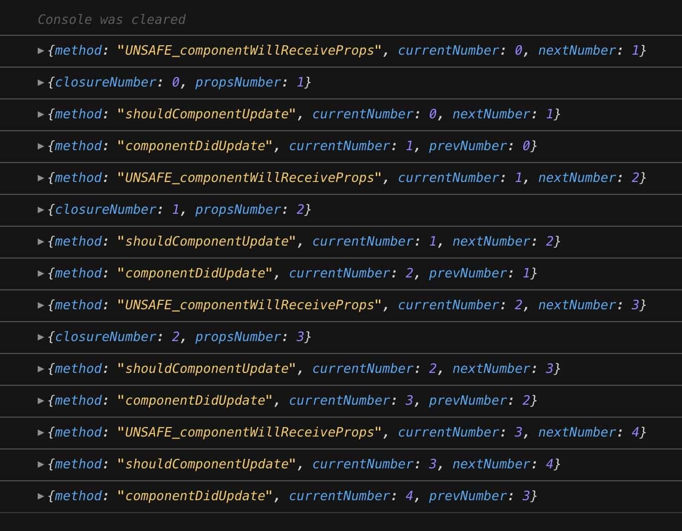 Lifecycle flow with changes of the number property captured in console logs