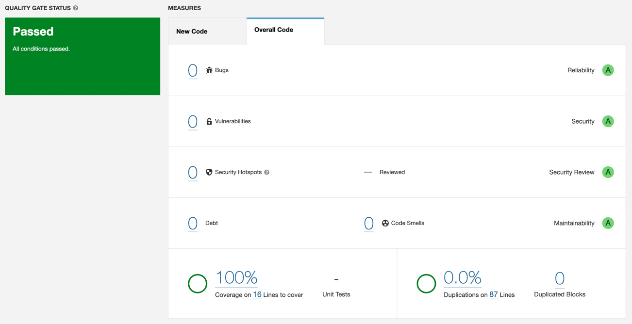 SonarQube report page showing 100% test coverage