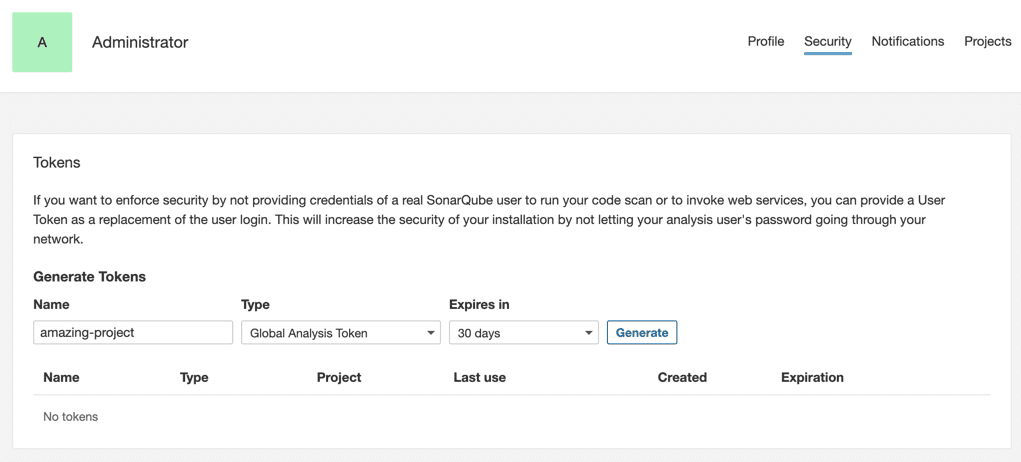 SonarQube page for creating tokens