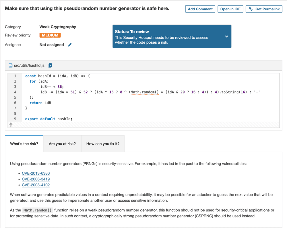 SonarQube security error example with explanation