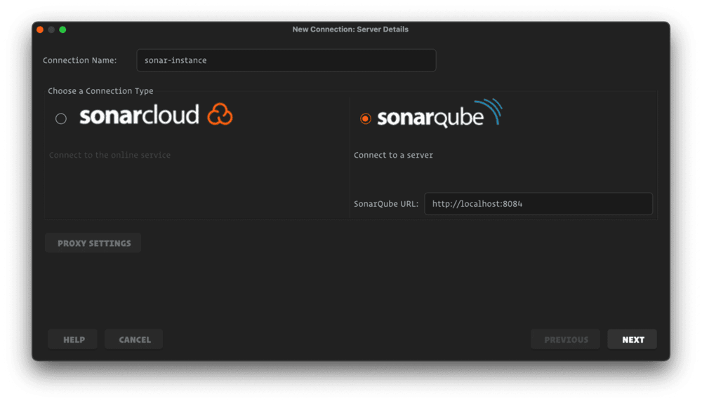 SonarLint add new connection screen