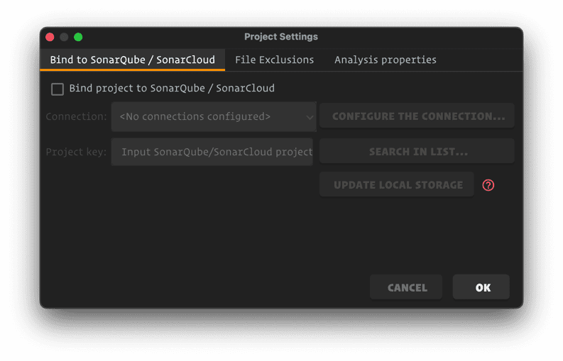 SonarLint configure binding screen