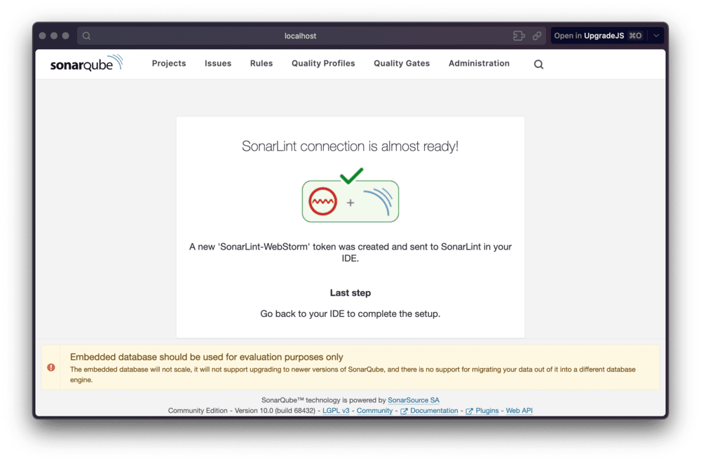SonarLint browser authentication confirmation page