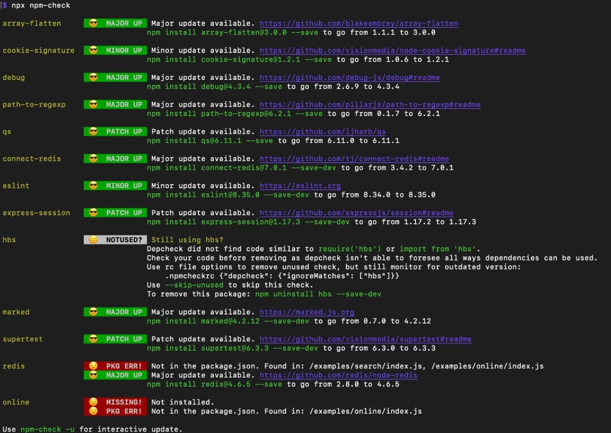 npm-check CLI output